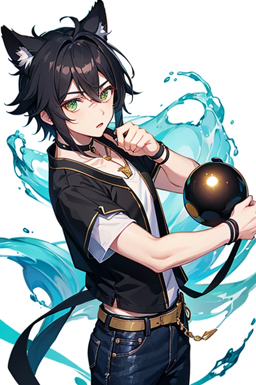 Xiao from Genshin Impact, 16 years old, black hair, green eyes, open white vest, black t-shirt, necklace with a golden cross, blue jeans, looking in profile directly at the viewer, white background