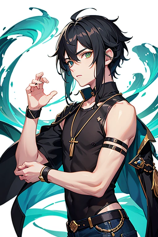 Xiao from Genshin Impact, , black hair, green eyes, open white vest, black t-shirt, necklace with a golden cross, blue jeans, looking in profile directly at the viewer, white background