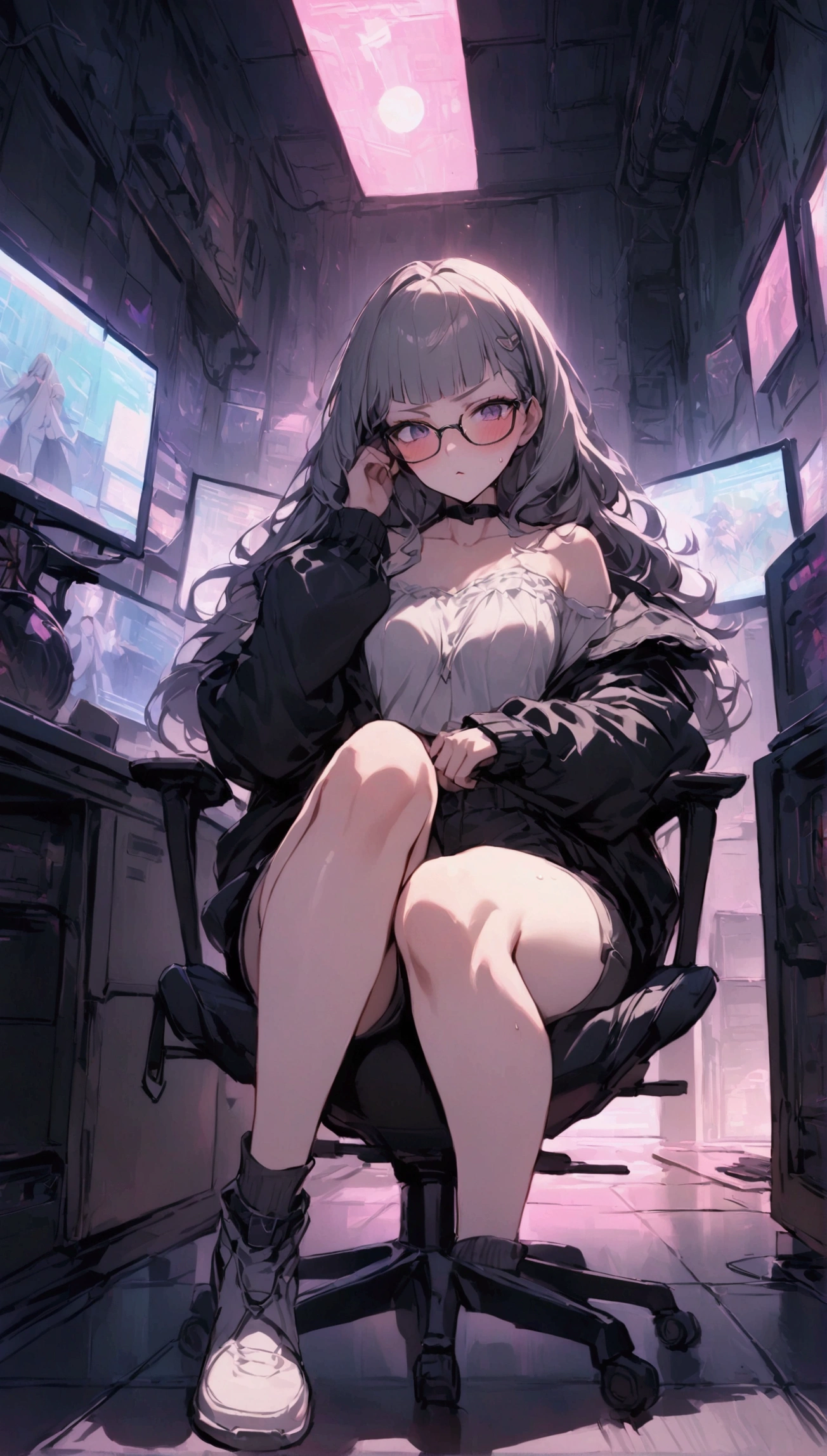 Dynamic composition,dutch angle,full body,Focus on legs,{{masterpiece}}, {{{Highest quality}}},{{Very detailed}},cyberpunk,1girl,30years old,{Mature Woman}},otaku obsessed with fighting geeks,,{{Sit on a chair and take a rest}},{{raise one leg}},long-sleeved blouse,Shorts,Short socks,glasses,clavicle,,{{v-shaped eyebrows}},Bad mood,blush,Sweat,raise one's eyebrows ,{{View your viewers}}、gray long hair,Blunt bangs ,indoor、Computer Room