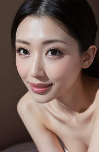 (Highest quality、Tabletop、8k、Best image quality、Award-winning works)、Beautiful woman、nude、female portrait photography、Glowing Skin、(Bedroom at night:1.2)、Perfect Face、Beautiful and shining eyes、(look at me with an expression of ecstasy:1.2)、Sweaty face、Glowing Beautiful Skin、Perfect Makeup
