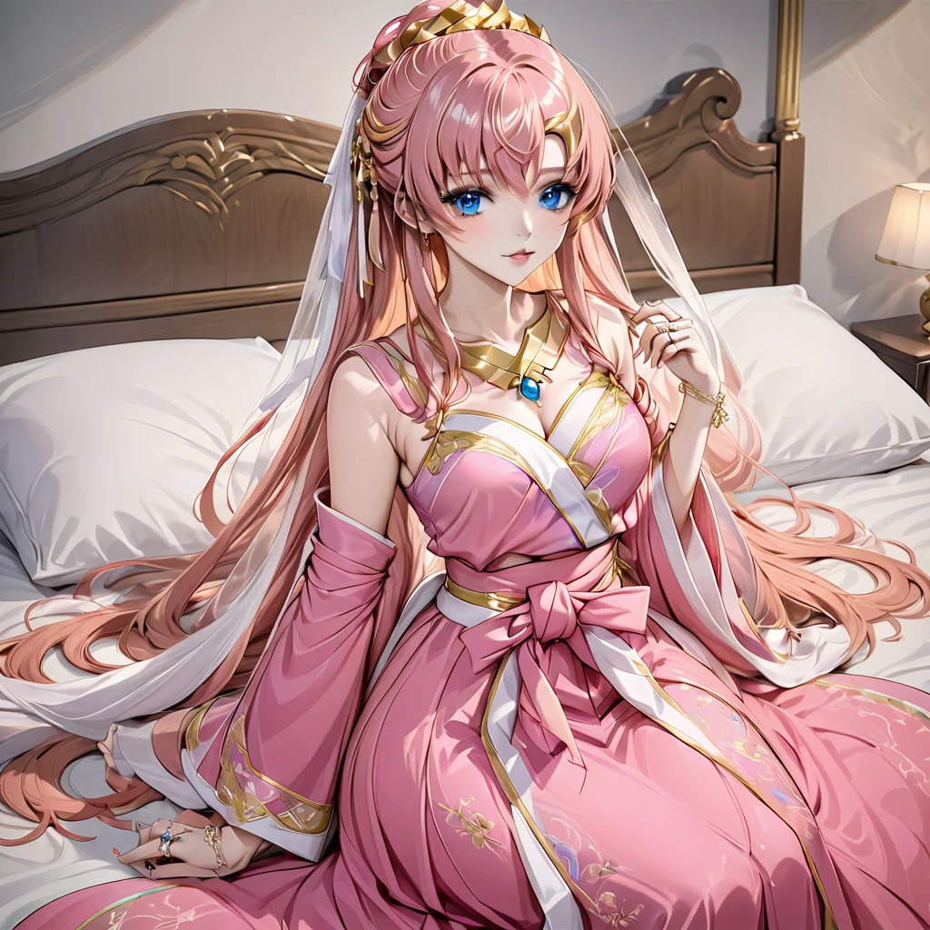 ((Highest quality)), ((masterpiece)), (detailed), (Perfect Face)、The woman is Lacus Clyne, with blue eyes, pink hair that is medium-long and tied up, wearing a gorgeous Hanfu with gold embroidery and trim, gorgeous accessories, and an engagement ring.