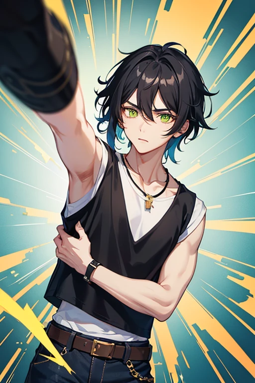 Xiao from Genshin Impact, , black hair, green eyes, open white vest, black t-shirt, necklace with a golden cross, blue jeans, looking in profile directly at the viewer, white background