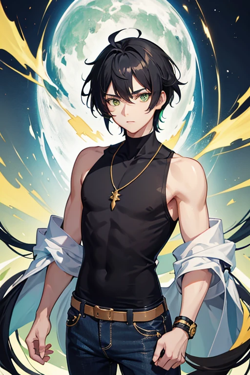 Xiao from Genshin Impact, 16 years old, black hair, green eyes, open white vest, black t-shirt, necklace with a golden cross, blue jeans, looking in profile directly at the viewer, white background