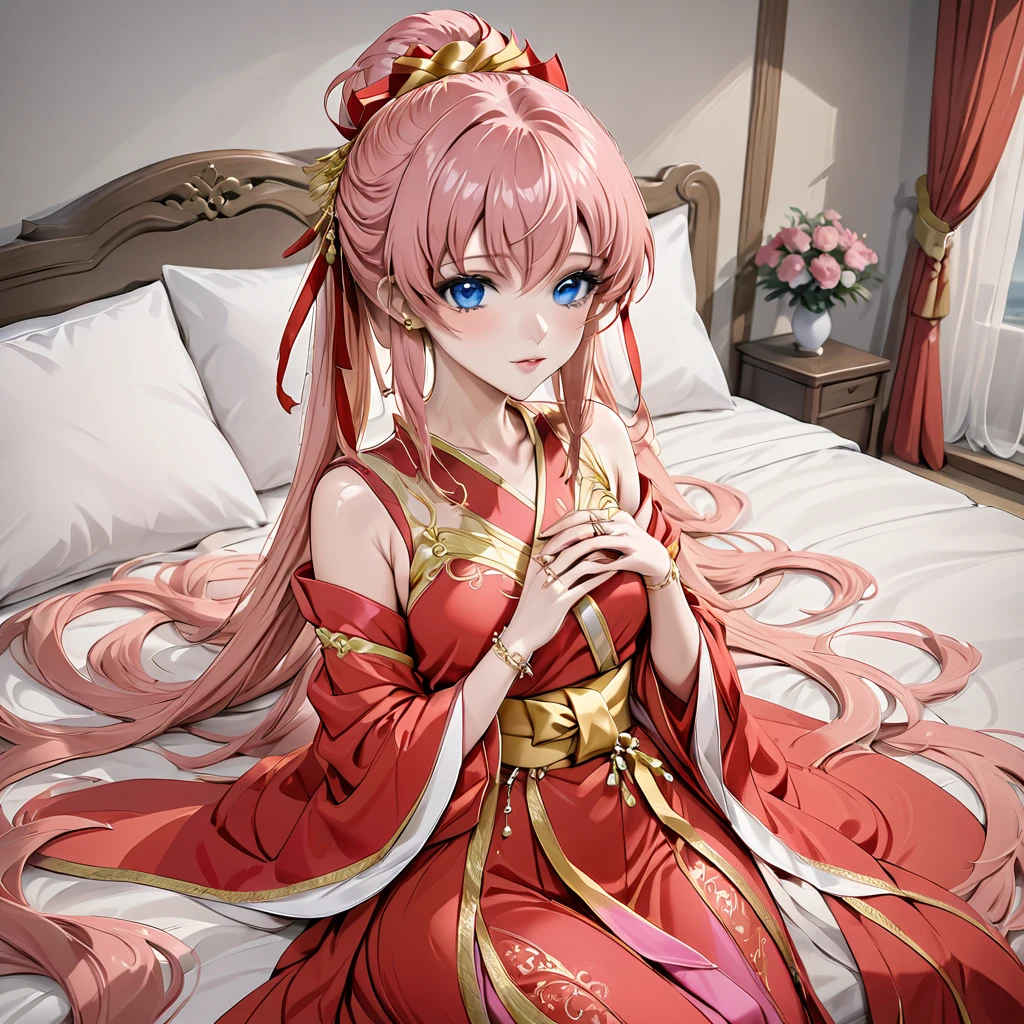 ((Highest quality)), ((masterpiece)), (detailed), （Perfect Face）、The woman is Lacus Clyne, with blue eyes, semi-long pink hair tied up, and wearing a gorgeous red Hanfu with gold embroidery and trim. She is lavishly dressed, with gorgeous accessories and an engagement ring.
