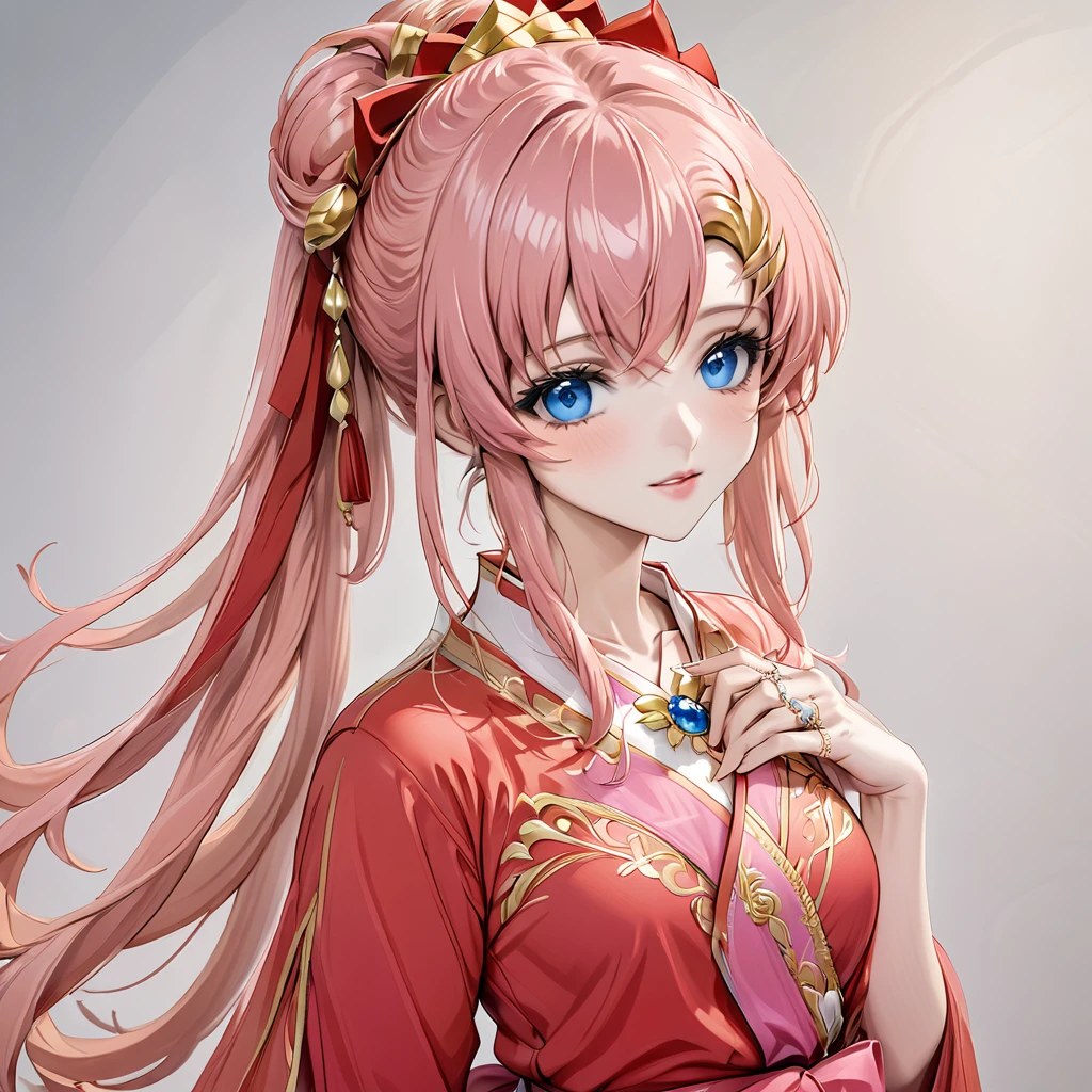 ((Highest quality)), ((masterpiece)), (detailed), (Perfect Face)、The woman is Lacus Clyne, with blue eyes, semi-long pink hair tied up, and wearing a gorgeous red Hanfu with gold embroidery and trim. She is lavishly dressed, with gorgeous accessories and an engagement ring.