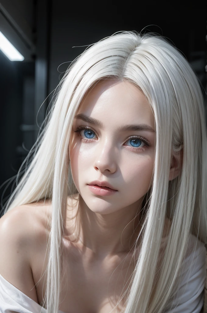 A character with light eyes,straight and serious white hair