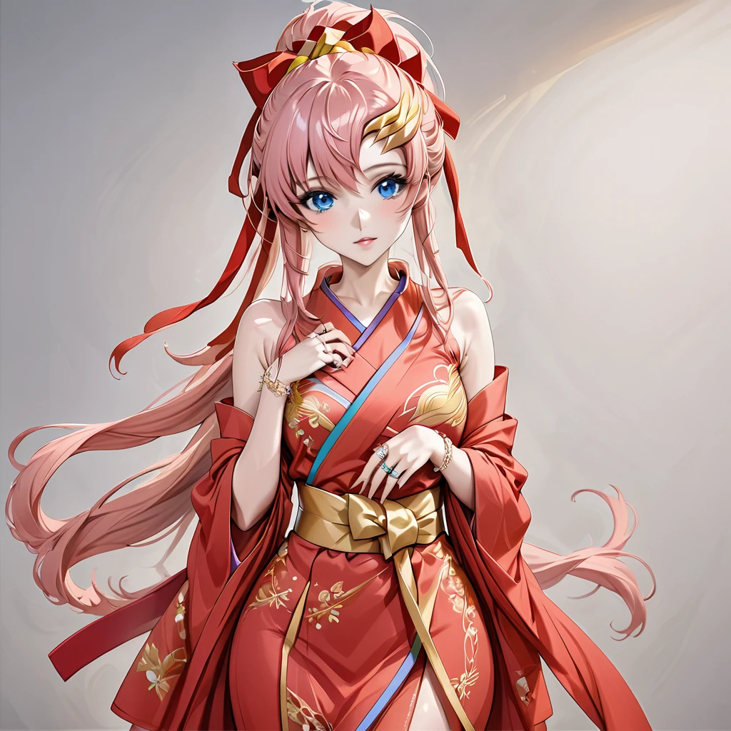 ((Highest quality)), ((masterpiece)), (detailed), (Perfect Face)、The woman is Lacus Clyne, with blue eyes and semi-long pink hair tied up in a ponytail. She is dressed in a gorgeous red wedding kimono with gold embroidery and trim, and is adorned with gorgeous accessories and an engagement ring.
