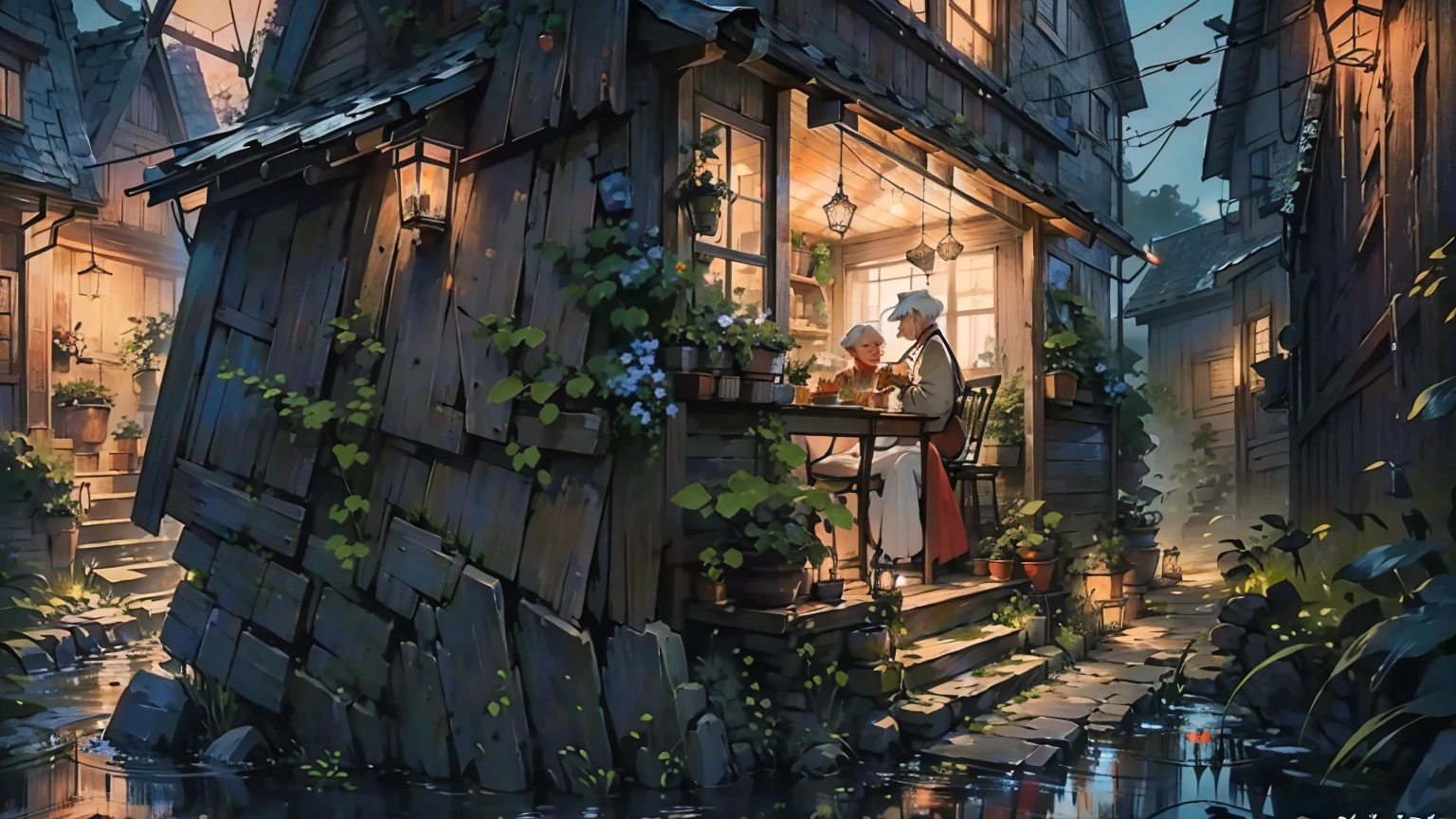 「Jack and the Beanstalk」のFirst sceneを描く。
Create a real-life image。
First scene：A poor farmer at night。Jack and his mother２People are having dinner。There is little food in the house。