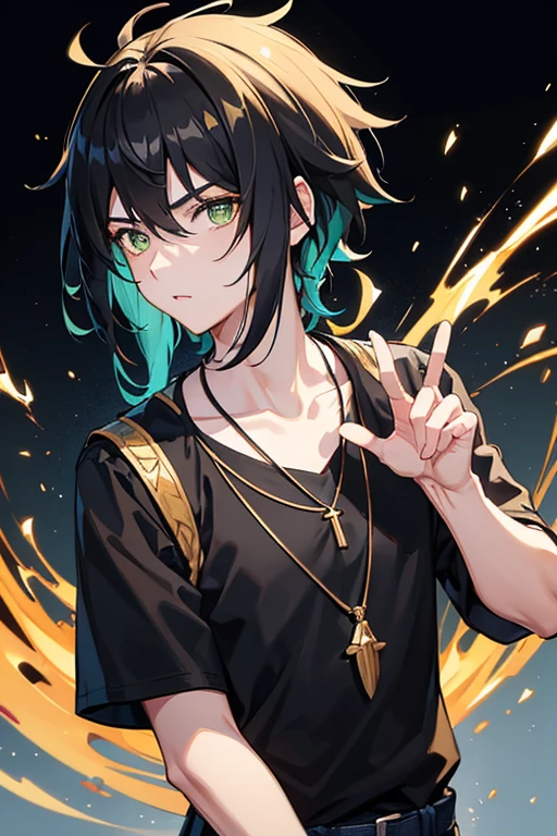 Xiao from Genshin Impact, , black hair, green eyes, open white vest, black t-shirt, necklace with a golden cross, blue jeans, looking in profile directly at the viewer, white background