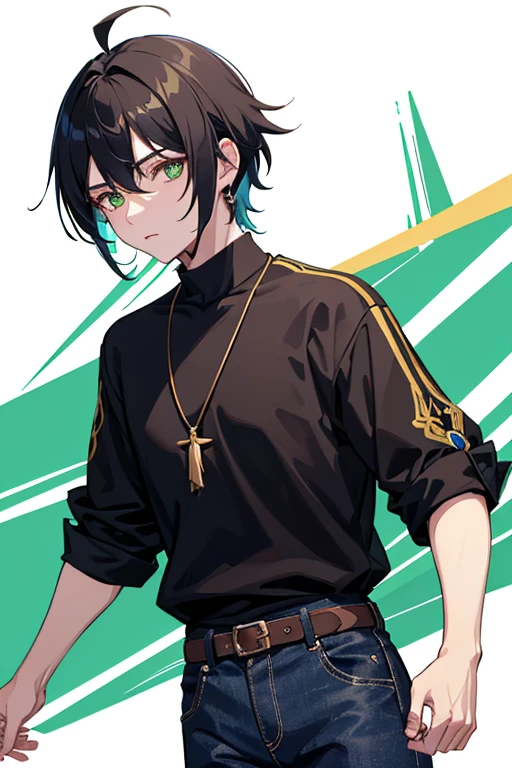 Xiao from Genshin Impact, 16 years old, black hair, green eyes, open white vest, black t-shirt, necklace with a golden cross, blue jeans, looking in profile directly at the viewer, white background