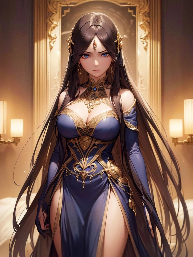 a detailed portrait of a beautiful young woman, long flowing hair, piercing blue eyes, delicate facial features, serene expression, ornate golden jewelry, luxurious velvet dress, dramatic chiaroscuro lighting, classical renaissance oil painting style, muted color palette, atmospheric and moody, cinematic composition, masterpiece, (best quality,8k,highres,masterpiece:1.2),ultra-detailed,(realistic,photorealistic,photo-realistic:1.37)