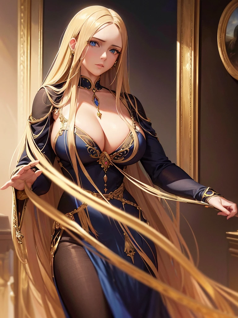 a detailed portrait of a beautiful young woman, long flowing hair, piercing blue eyes, delicate facial features, serene expression, ornate golden jewelry, luxurious velvet dress, dramatic chiaroscuro lighting, classical renaissance oil painting style, muted color palette, atmospheric and moody, cinematic composition, masterpiece, (best quality,8k,highres,masterpiece:1.2),ultra-detailed,(realistic,photorealistic,photo-realistic:1.37)