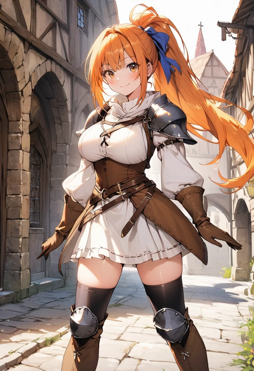 1girl, solo, thighhighs, gloves, boots, long-hair, (((Medieval-background))), armor, brown-gloves, ponytail, orange-hair, full-body, ribbon, simple-background, looking-at-viewer, hair-ribbon, black-thighhighs, brown-footwear, smile, brown-eyes, shirt, yellow-eyes, standing, shorts, knee-pads, blue-ribbon, belt, shoulder-armor, white-shirt, vest, approximate image, ((big boobs) 1.1)
