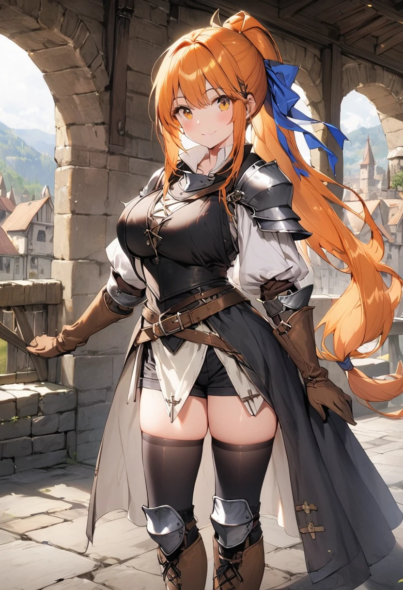 1girl, solo, thighhighs, gloves, boots, long-hair, (((Medieval-background))), armor, brown-gloves, ponytail, orange-hair, full-body, ribbon, simple-background, looking-at-viewer, hair-ribbon, black-thighhighs, brown-footwear, smile, brown-eyes, shirt, yellow-eyes, standing, shorts, knee-pads, blue-ribbon, belt, shoulder-armor, white-shirt, vest, approximate image, ((big boobs) 1.1)