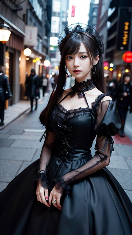Digital Portrait、Realistic depiction of the human body、RAW Photos、One Girl、Gentle grey eyes、Fuller lipalaise、A large, swaying bust、Shortcuts、(((An elegant black gothic lolita style dress、black gothic dress、Beautiful dress、Super Luxury Dresses)))、Highest quality、Super Resolution、masterpiece:1.5、Medium depth of field、50mmlens、Cinema Lighting、Backlight、Professional Photographer、Streetscape、 evening、