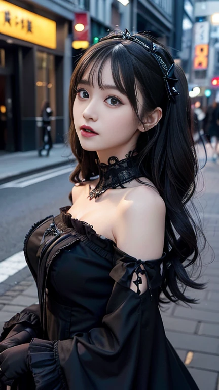 Digital Portrait、Realistic depiction of the human body、RAW Photos、One Girl、Gentle grey eyes、Fuller lipalaise、A large, swaying bust、Shortcuts、(((An elegant black gothic lolita style dress、black gothic dress、Beautiful dress、Super Luxury Dresses)))、Highest quality、Super Resolution、masterpiece:1.5、Medium depth of field、50ｍｍlens、Cinema Lighting、Backlight、Professional Photographer、Streetscape、 evening、