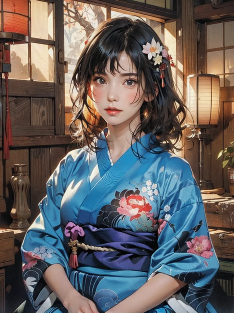 (highest quality、8k、32k、masterpiece)、(masterpiece, up to date,Exceptional:1.2), Anime, One girl,Front hair,black_hair, Beautiful 8k eyes,Looking_in_Audience,One person in,Are standing,((Very beautiful woman, Fuller lips, Japanese pintern kimono))、((Colorful Japanese kimono)))、(((Medium Shot)))、Blunt bung、(High resolution)、Very beautiful face and eyes、1 girl 、Round and small face、Narrow waist、delicine body、(highest quality high detail Rich skin details)、(highest quality、8k、Oil paints:1.2)、Very detailed、(Realistic、Realistic:1.37)、Bright colors、(((blackhair)))、(((longhair)))、(((cowboy pictures)))、((( Inside an old Japanese house)))、(masterpiece, highest quality, highest quality, Official Art, beautifully、aesthetic:1.2), (One girl), Very detailedな,(Fractal Art:1.3),colorful,Most detailed,Sengoku period(High resolution)、Very beautiful face and eyes、1 girl 、Round and small face、Tight waist、Delicine body、(highest quality high detail Rich skin details)、(highest quality、8k、Oil paints:1.2)、(Realistic、Realistic:1.37)、Greg Rutkowski Written by Alphonse Mucha Ropp, sun lips