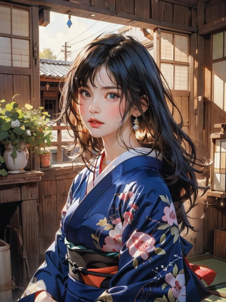(highest quality、8k、32k、masterpiece)、(masterpiece, up to date,Exceptional:1.2), Anime, One girl,Front hair,black_hair, Beautiful 8k eyes,Looking_in_Audience,One person in,Are standing,((Very beautiful woman, Fuller lips, Japanese pintern kimono))、((Colorful Japanese kimono)))、(((Medium Shot)))、Blunt bung、(High resolution)、Very beautiful face and eyes、1 girl 、Round and small face、Narrow waist、delicine body、(highest quality high detail Rich skin details)、(highest quality、8k、Oil paints:1.2)、Very detailed、(Realistic、Realistic:1.37)、Bright colors、(((blackhair)))、(((longhair)))、(((cowboy pictures)))、((( Inside an old Japanese house)))、(masterpiece, highest quality, highest quality, Official Art, beautifully、aesthetic:1.2), (One girl), Very detailedな,(Fractal Art:1.3),colorful,Most detailed,Sengoku period(High resolution)、Very beautiful face and eyes、1 girl 、Round and small face、Tight waist、Delicine body、(highest quality high detail Rich skin details)、(highest quality、8k、Oil paints:1.2)、(Realistic、Realistic:1.37)、Greg Rutkowski Written by Alphonse Mucha Ropp, sun lips