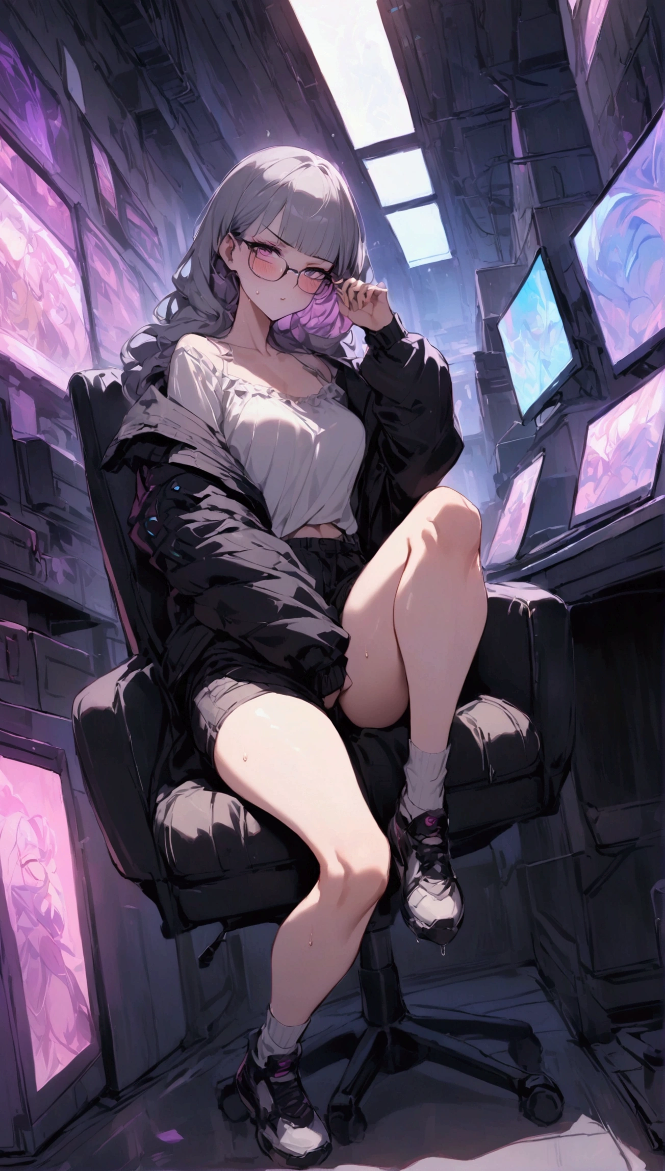 Dynamic composition,dutch angle,full body,Focus on legs,{{masterpiece}}, {{{Highest quality}}},{{Very detailed}},cyberpunk,1girl,30years old,{Mature Woman}},otaku obsessed with fighting geeks,,{{Sit on a chair and take a rest}},{{raise one leg}},long-sleeved blouse,Shorts,Short socks,glasses,clavicle,,{{v-shaped eyebrows}},Bad mood,blush,Sweat,raise one's eyebrows ,{{View your viewers}}、gray long hair,Blunt bangs ,indoor、Computer Room