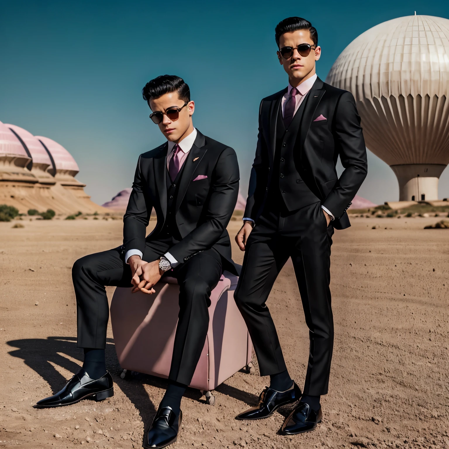 full view full body, young male actor rami malek with preppy undercut haircut, wearing black sunglasses and a 3 piece dapper suit, fine dress shoes and black thin socks.Reading a classic map. The background is a pink alien landscape, HQ photo, large view of alien world pink landsape