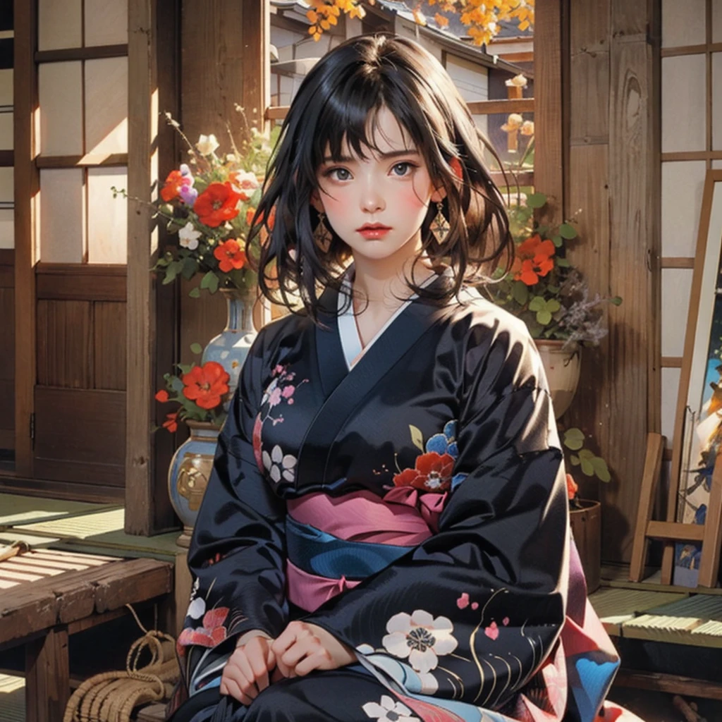 (highest quality、8k、32k、masterpiece)、(masterpiece, up to date,Exceptional:1.2), Anime, One girl,Front hair,black_hair, Beautiful 8k eyes,Looking_in_Audience,One person in,Are standing,((Very beautiful woman, Fuller lips, Japanese pintern kimono))、((Colorful Japanese kimono)))、(((Medium Shot)))、Blunt bung、(High resolution)、Very beautiful face and eyes、1 girl 、Round and small face、Narrow waist、delicine body、(highest quality high detail Rich skin details)、(highest quality、8k、Oil paints:1.2)、Very detailed、(Realistic、Realistic:1.37)、Bright colors、(((blackhair)))、(((longhair)))、(((cowboy pictures)))、((( Inside an old Japanese house)))、(masterpiece, highest quality, highest quality, Official Art, beautifully、aesthetic:1.2), (One girl), Very detailedな,(Fractal Art:1.3),colorful,Most detailed,Sengoku period(High resolution)、Very beautiful face and eyes、1 girl 、Round and small face、Tight waist、Delicine body、(highest quality high detail Rich skin details)、(highest quality、8k、Oil paints:1.2)、(Realistic、Realistic:1.37)、Greg Rutkowski Written by Alphonse Mucha Ropp, sun lips