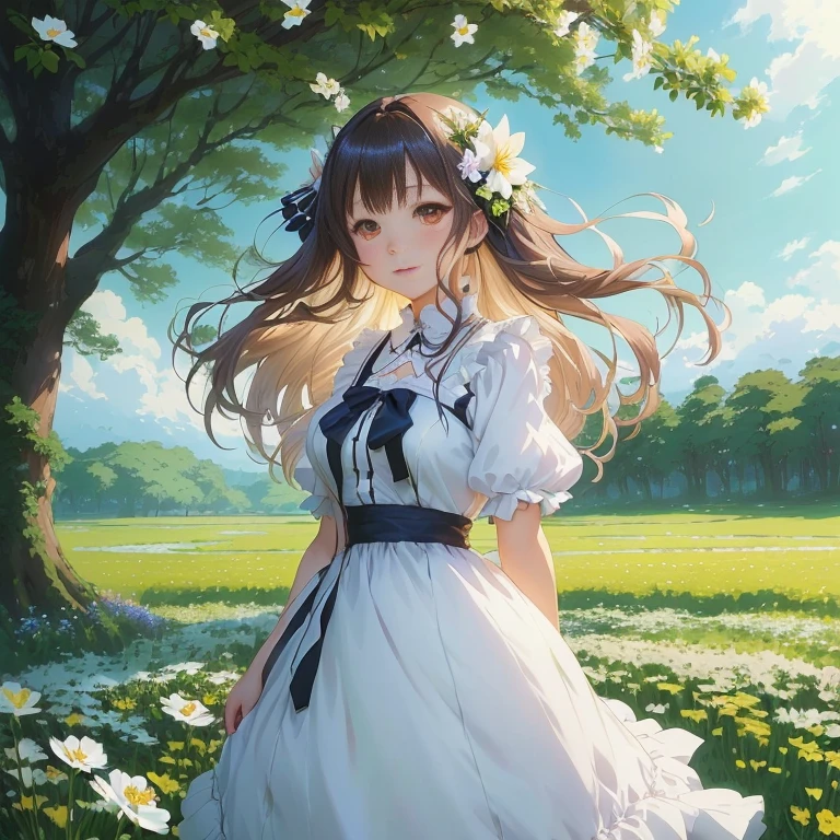 anime girl in a white dress standing in a field of flowers, anime visual of a cute girl, in dress, smooth anime cg art, anime moe artstyle, official art, rin, official artwork, official anime artwork, epic light novel art cover, cushart krenz key art feminine, a maid in a magical forest, high detailed official artwork