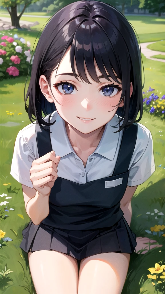 (highest quality,masterpiece:1.3,Ultra-high resolution),(Very detailed,Caustics,8k), (Realistic:1.4, RAW shooting),garden,Grass,sit,Japanese,16 years old,cute,(smile),Looking into the camera,Short black hair,Polo shirt,mini skirt,High Angle,High Position,Face Focus,Face close-up,Natural light