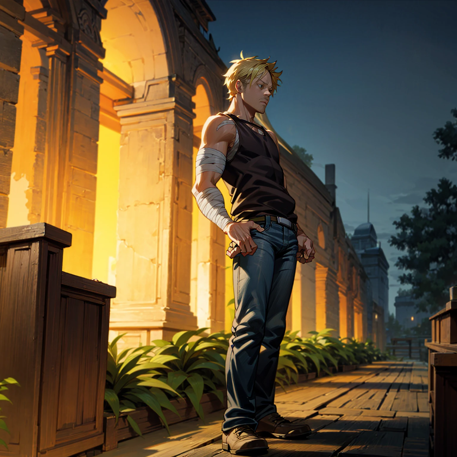 Solo character, full body version, aged man, blonde hair, short haircut, Very tall, black singlet, jeans, bandage, shoes, evening, outdoor, town, (one piece style art)