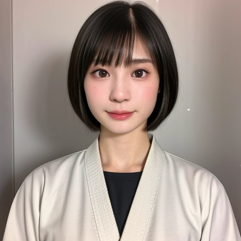 (kawaii 24 year-old Japanese girl, Nogizaka idol, Korean idol, judo player), healthy female athlete body, (glossy black hair, short hair, pixie cut, bangs:1.3), (rounded face, beautiful black eyes, single eyelid, no makeup, serious expression:1.2), (wearing white judo wrestling uniform:1.3), extra small breasts, BREAK, (plain white background:1.2), (facing straight at camera, id photo, yearbook photo, bust shot:1.2),  BREAK, (masterpiece, best quality, photo realistic, official art:1.4), (UHD, 8K quality wallpaper, high resolution, raw photo, golden ratio:1.3), (shiny skin), professional lighting, physically based rendering, award winning, (highly detailed skin, extremely detailed face and eyes), Carl Zeiss 85 mm F/1.4, depth of field, 1girl, solo,