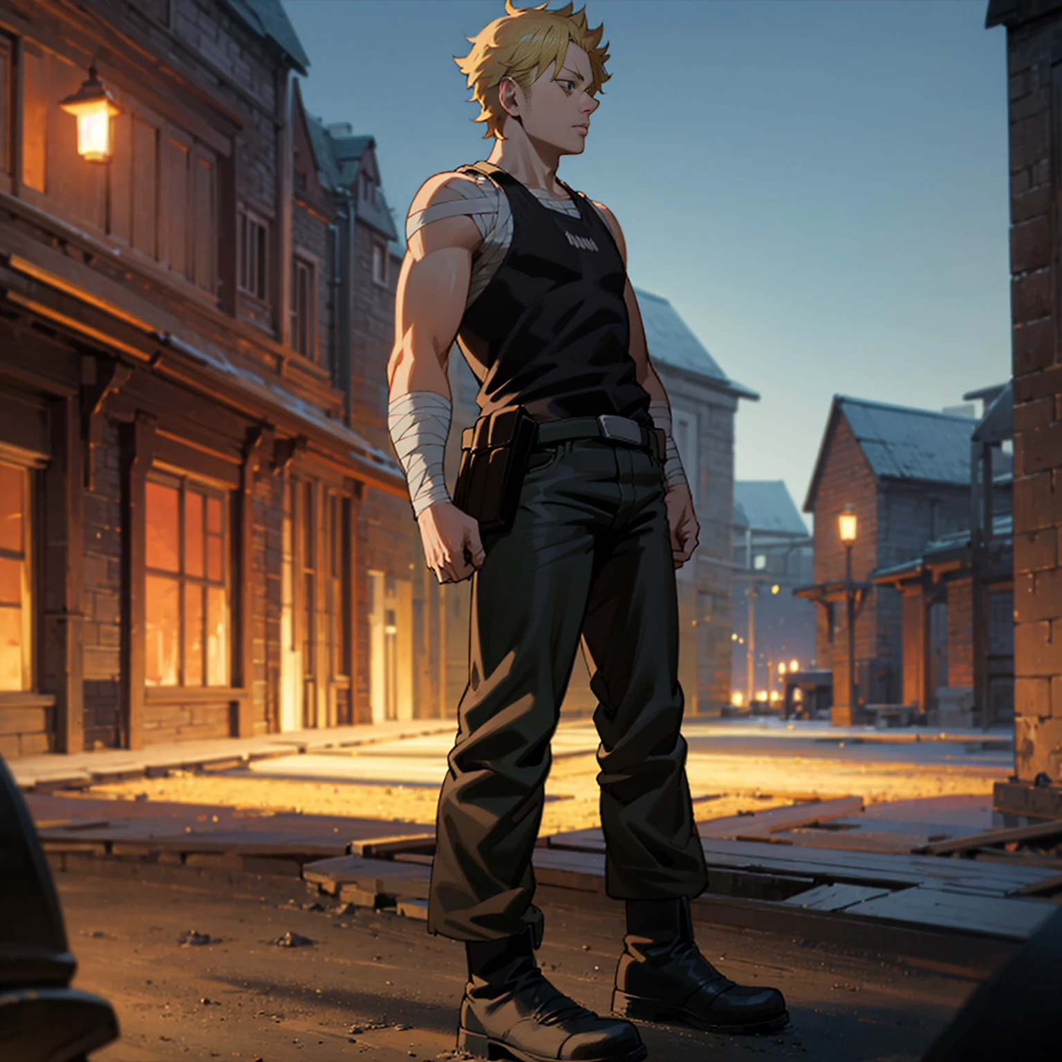 Solo character, full body version, aged man, blonde hair, short haircut, Very tall, black singlet, jeans, bandage, shoes, evening, outdoor, town, (black clover style)