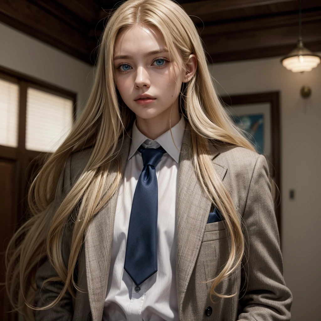 1 blonde woman, with blue eyes and long hair in the middle of 2 men with brown hair and suit