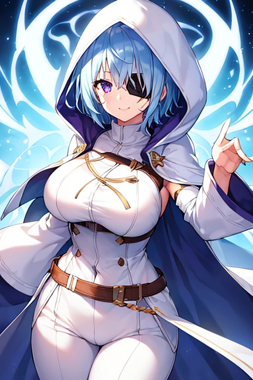 1girl, large breasts, light blue hair, purple eyes, one eye covered, eyepatch, ((eyepatch)), short hair, smile, light smile, cloak, white cloak, white hood, belt, white pants, white clothes, hood up, pants, ((pants)), hourglass figure,