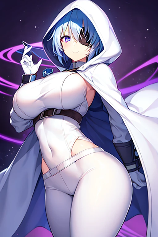 1girl, large breasts, light blue hair, purple eyes, one eye covered, eyepatch, ((eyepatch)), short hair, smile, light smile, cloak, white cloak, white hood, belt, white pants, white clothes, hood up, pants, ((pants)), hourglass figure,