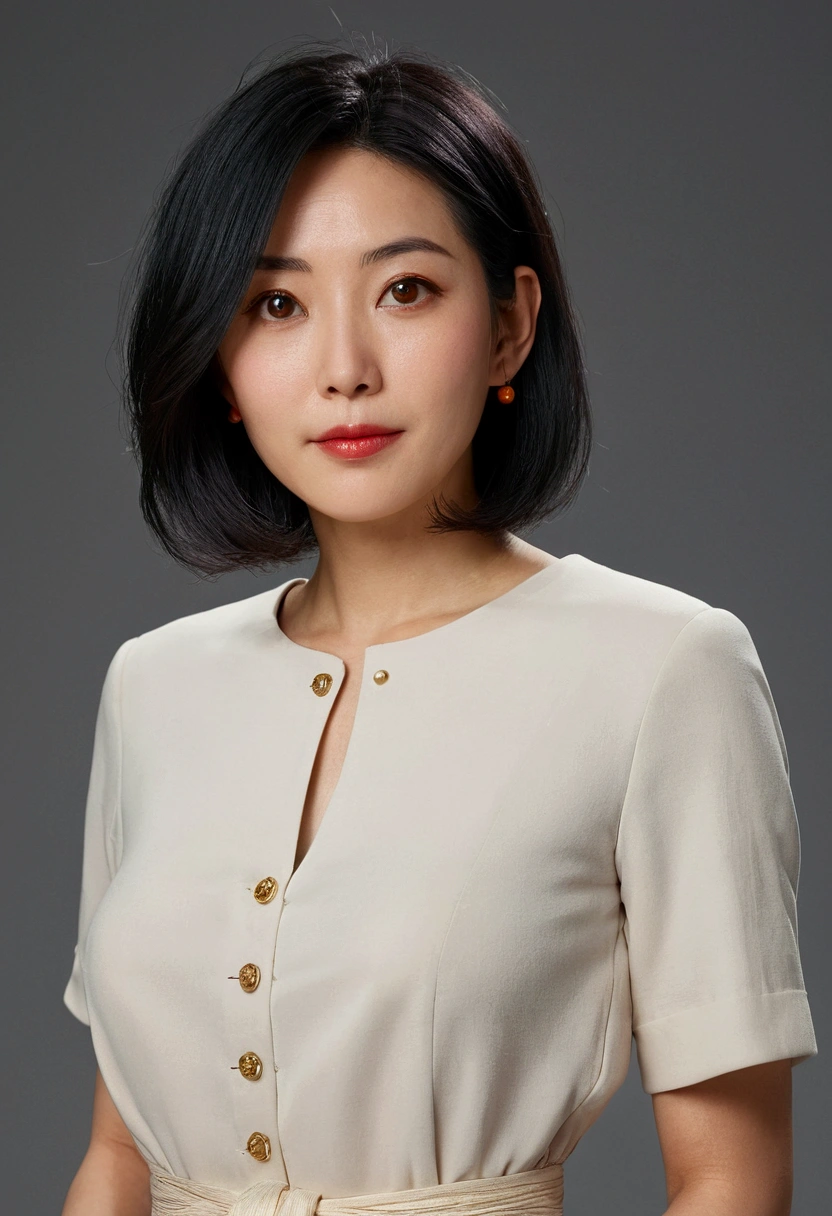 (Very detailed CG Unity 8K 壁紙, Tabletop, Highest quality, Very detailed, Looking into the camera, Light on the face, Gray background, Half body shot from the waist up), Japanese woman, 44 years old, Droopy eyes:1.7, Dimples:1.9, Wide lips:1.7, Short Bob Hair,Small breasts、orange eye color、Big Ass、Black Hair, Half-body image above the waist,The face is straight、The body also faces forward,The dress code is navy blue business style clothing.,Place both palms together in front of your belly button