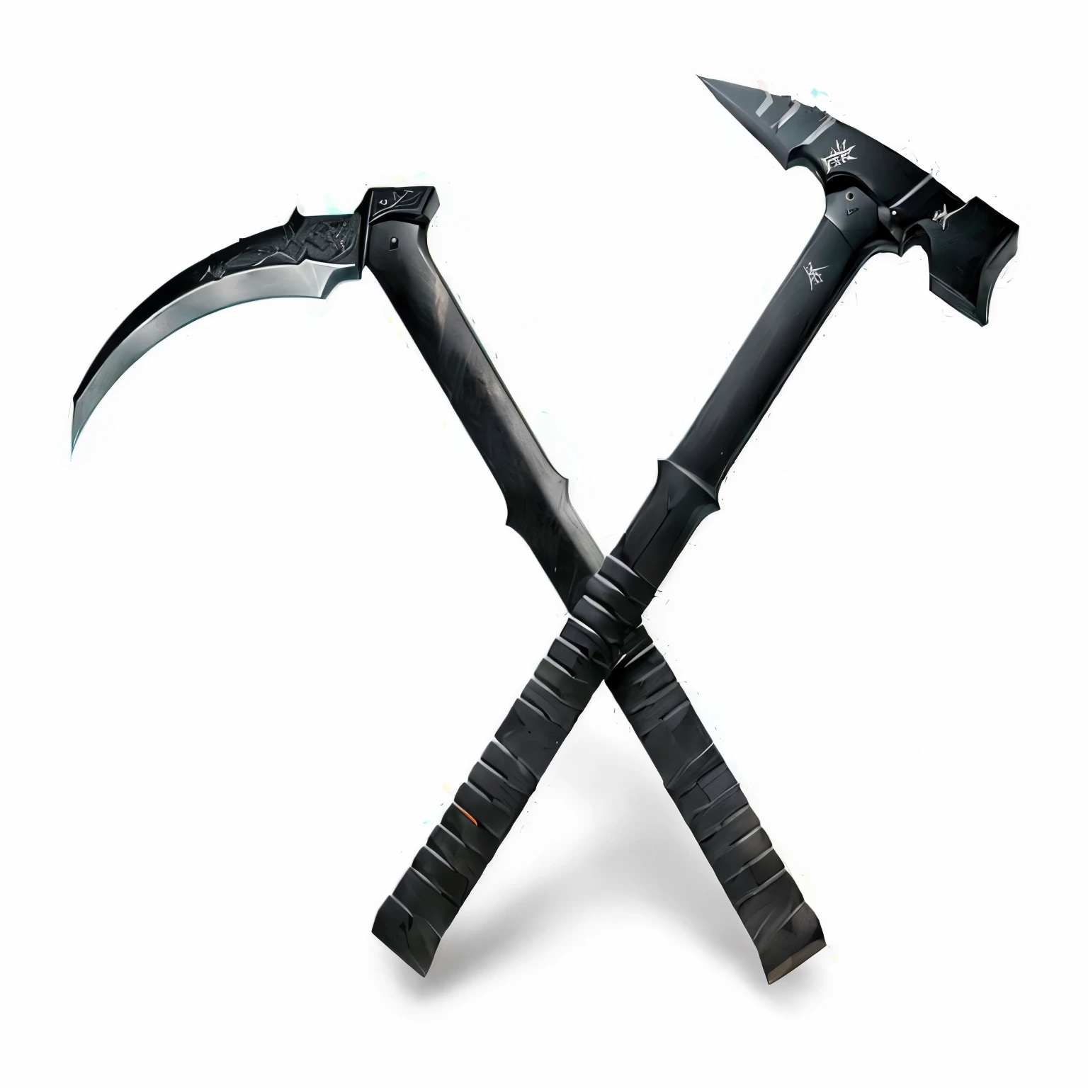 two black axes with black handles are standing next to each other, dual wielding axes, fantasy scythe, battleaxe, scythe design, huge scythe, scythe, weapon, battle axe, war blade weapon, axes, fantasy weapon, armed with edged weapons, weapons, hammer weapon, dual wielding swords, pickaxe, glaive, sickle