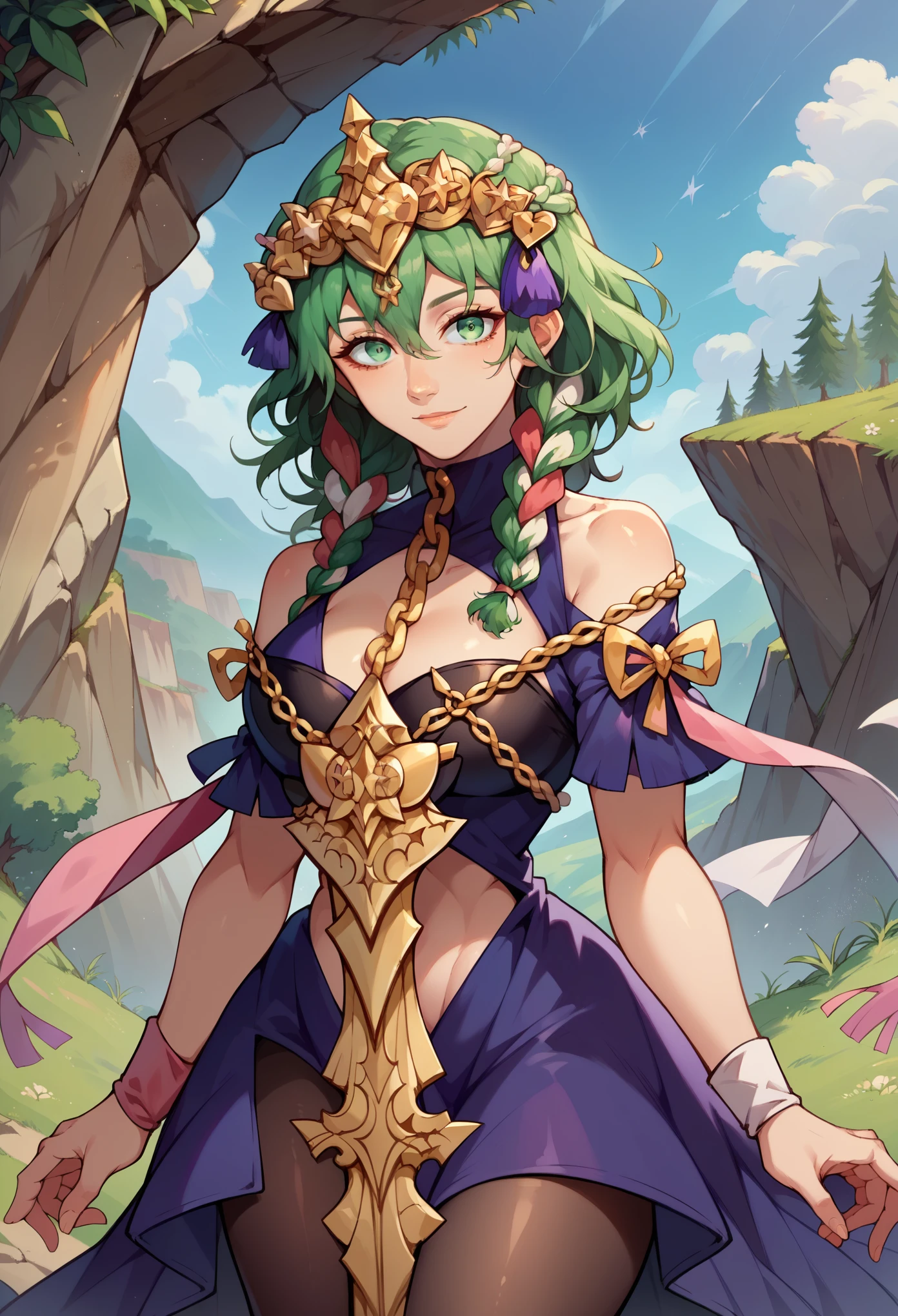 score_9,score_8_up,score_7_up, 1girl, solo, braveByl, green hair, green eyes, ribbon braid, hair ribbon, gold headdress, purple dress, bare shoulders, cleavage cutout, gold chains, tabard, pantyhose, standing, holding sword, slight smile, looking at you, cliff
