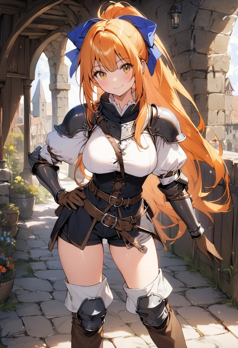 1girl, solo, thighhighs, gloves, boots, long-hair, (((Medieval-background))), armor, brown-gloves, ponytail, orange-hair, full-body, ribbon, simple-background, looking-at-viewer, hair-ribbon, black-thighhighs, brown-footwear, smile, brown-eyes, shirt, yellow-eyes, standing, shorts, knee-pads, blue-ribbon, belt, shoulder-armor, white-shirt, vest, approximate image, ((big boobs) 1.1)
