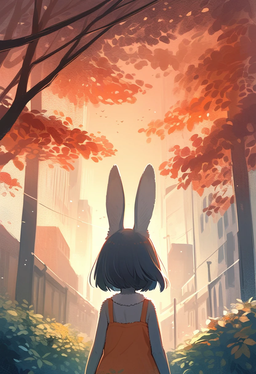 ((Masterpiece)), ((Best Quality)), (Very Detailed), ((Very Detailed)), 4K, (8K), very aesthetic, absurdres highres, 1 girl, (anthropomorphic Rabbit, furry, kemono, from below:1.5), A digital painting of a low angle shot of a woman’s portrait during golden hour in an urban setting. Emphasize the natural beauty, cityscape, and silhouettes with a dramatic and romantic atmosphere. Use a strong contrast between warm colors (orange, red) and cool colors (blue, gray). Add texture to the leaves using digital brushes. Use diagonal lines to guide the viewer’s eye through the composition. Emphasize the backlighting effect to create dramatic silhouettes