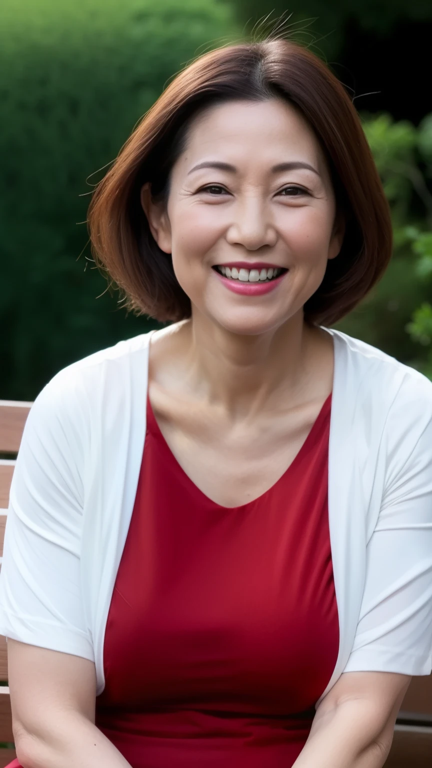 sitting on a park bench, Wrinkles around the eyes, Smiling with teeth showing, Plain short-sleeved clothing, senior citizen, Draw lips correctly, Red lipstick, No discomfort, 16K, Highest quality, Very detailed, Realistic, Very detailed肌, Japanese, alone, 60 years old, Large Breasts, , Glamour, sexy, , Staring straight ahead,