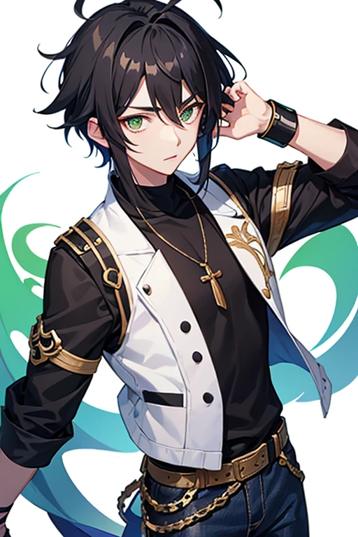 Xiao from Genshin Impact, 16 years old, black hair, green eyes, open white vest, black t-shirt, necklace with a golden cross, blue jeans, looking in profile directly at the viewer, white background