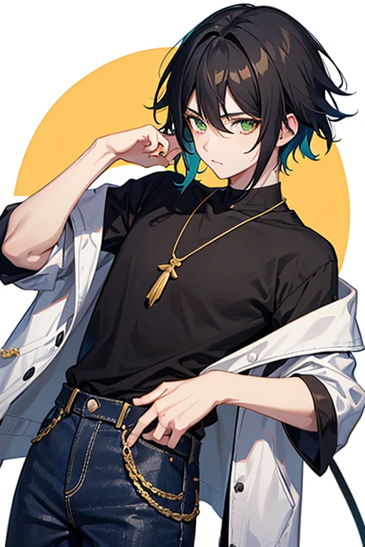 Xiao from Genshin Impact, , black hair, green eyes, open white vest, black t-shirt, necklace with a golden cross, blue jeans, looking in profile directly at the viewer, white background