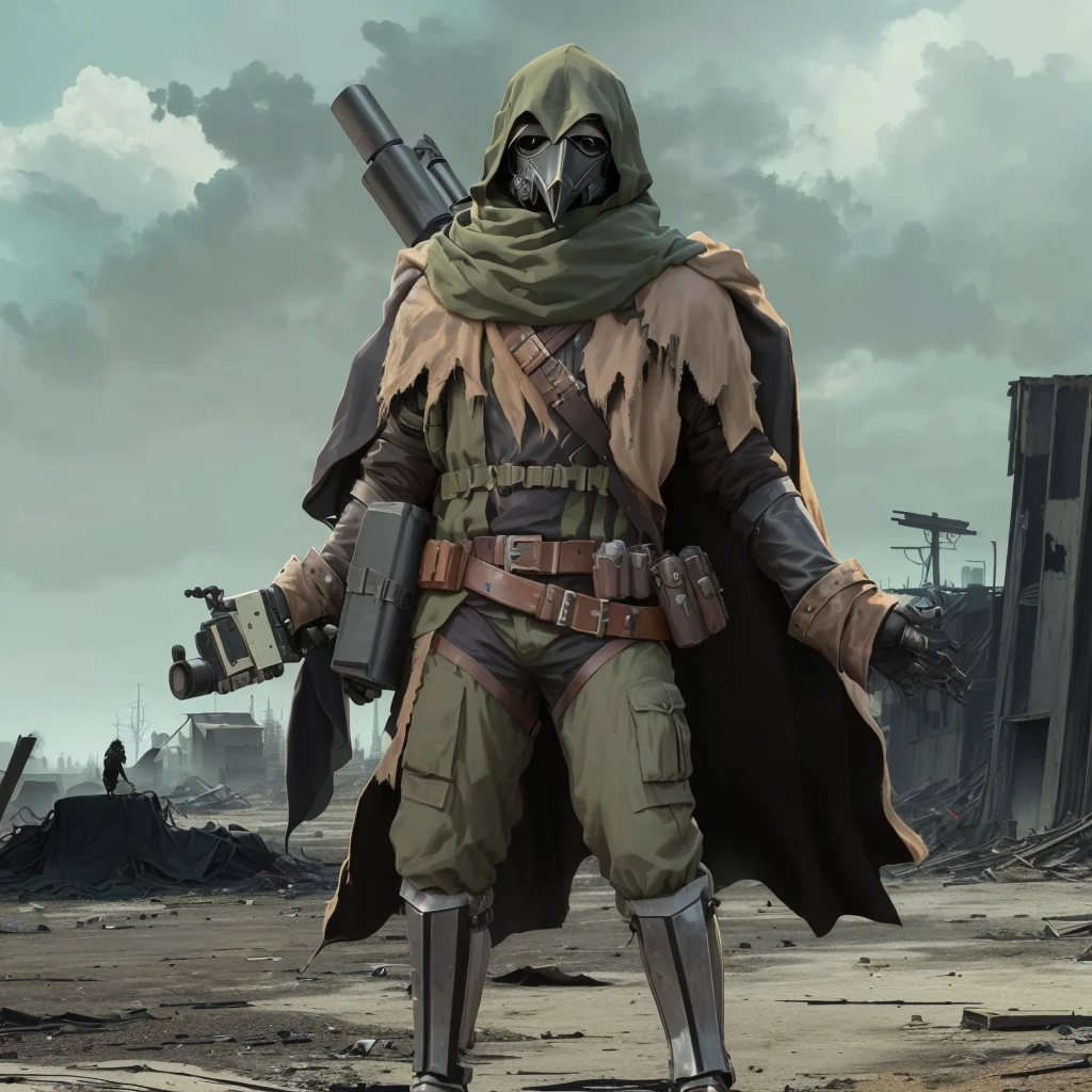 arafed image of a man in a plague doctor mask and a plague doctor mask on his head, dystopian bounty hunter, wearing cloak on blasted plain, post - apocalyptic scavenger, standing in wasteland, symmetrical dieselpunk warrior, hooded cloaked scavenger, postapocalyptic explorer, in a dark space mercenary outfit, ( highly detailed figure ), cloak made from black feathers, weird crow mask, gloves with claws, gun behind shoulder, wearing a shawl, army gear, ( high quality )