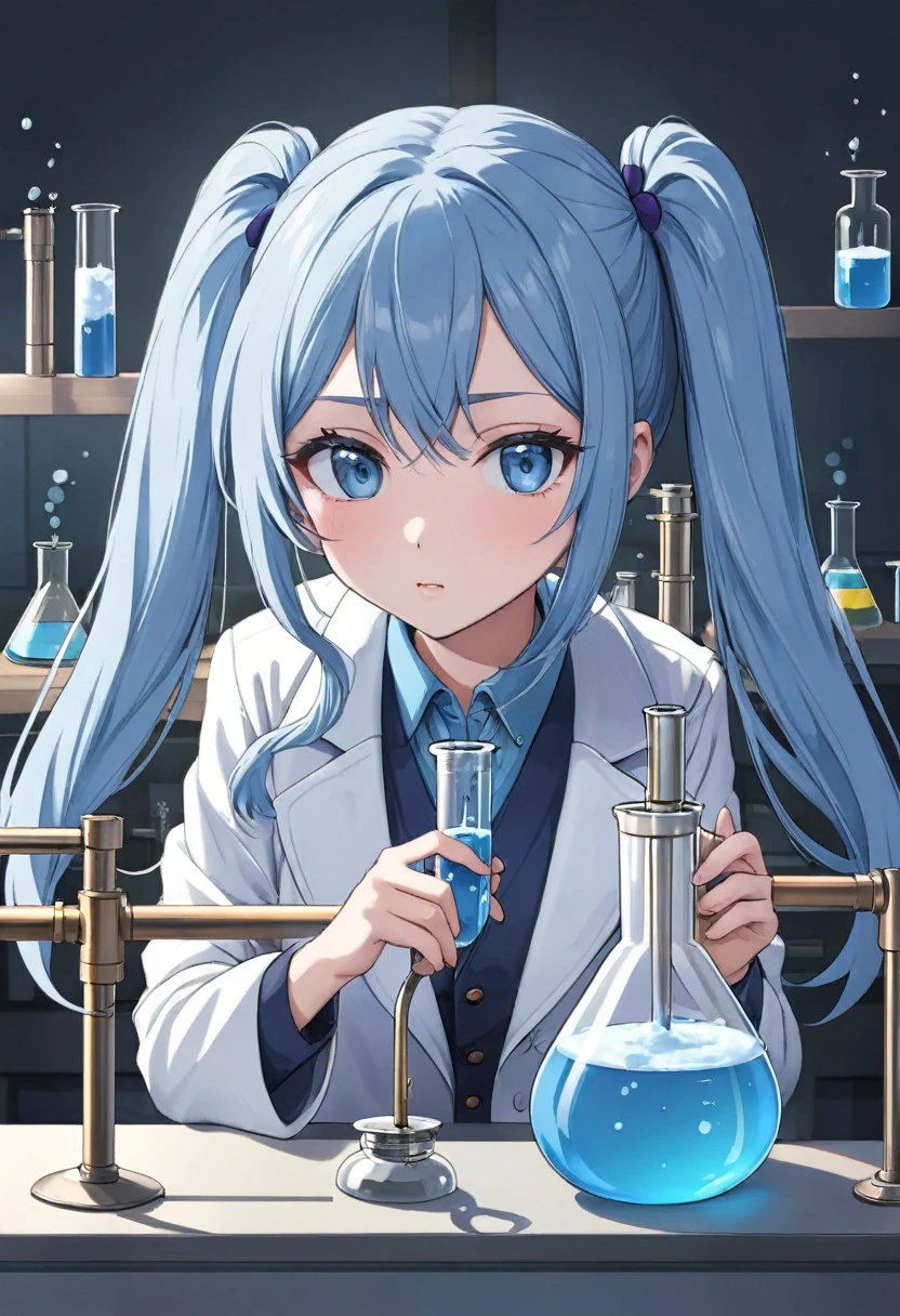 Light blue long hair、Beautiful girl with twin tails、Wearing a white coat during a chemical experiment、Serious face、Laboratory、beaker、flask、Graduated cylinder、Alcohol lamp、