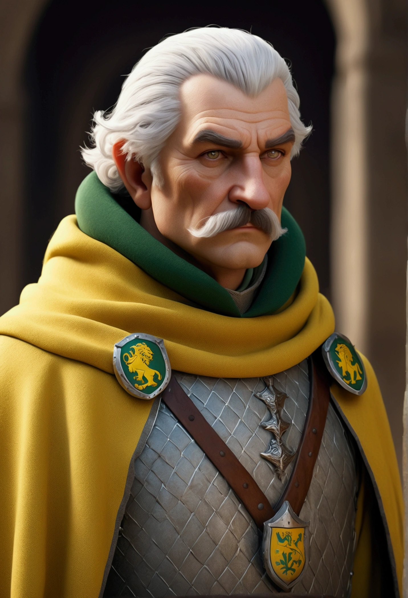 A knight of 60 years, big-boned, broad-shouldered, barrel-chested, strong sharp features, short thick grey mustache, no beard, very short white hair. Sad grey eyes, grey eyebrows. He wears mail and above a yellow woolen surcoat with a green lion as coat of arms.