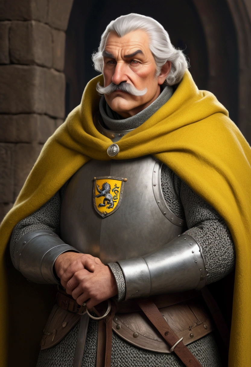 A knight of 60 years, big-boned, broad-shouldered, barrel-chested, strong sharp features, short thick grey mustache, no beard, very short white hair. Sad grey eyes, grey eyebrows. He wears mail and above a yellow woolen surcoat with a green lion as coat of arms.