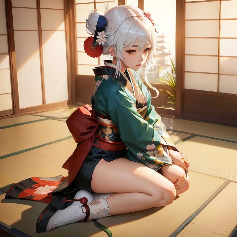 anime girl sitting on the floor in a kimono outfit, beautiful anime girl squatting, guweiz on pixiv artstation, guweiz on artstation pixiv, white haired deity, in a kimono, the anime girl is crouching, in kimono, relaxed dwarf with white hair, smooth anime cg art, artwork in the style of guweiz