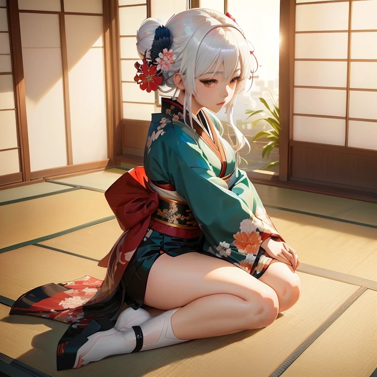 anime girl sitting on the floor in a kimono outfit, beautiful anime girl squatting, guweiz on pixiv artstation, guweiz on artstation pixiv, white haired deity, in a kimono, the anime girl is crouching, in kimono, relaxed dwarf with white hair, smooth anime cg art, artwork in the style of guweiz