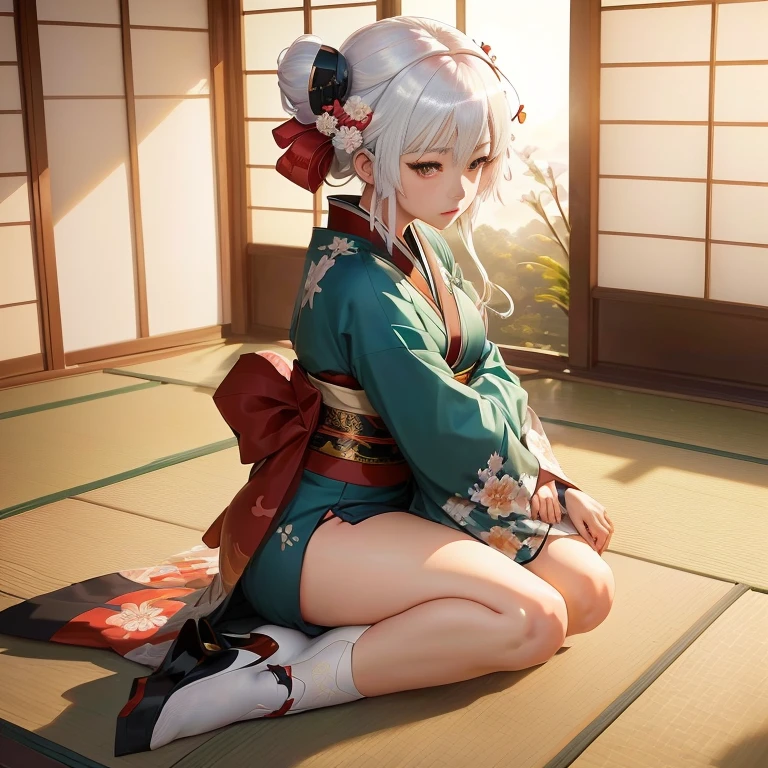 anime girl sitting on the floor in a kimono outfit, beautiful anime girl squatting, guweiz on pixiv artstation, guweiz on artstation pixiv, white haired deity, in a kimono, the anime girl is crouching, in kimono, relaxed dwarf with white hair, smooth anime cg art, artwork in the style of guweiz