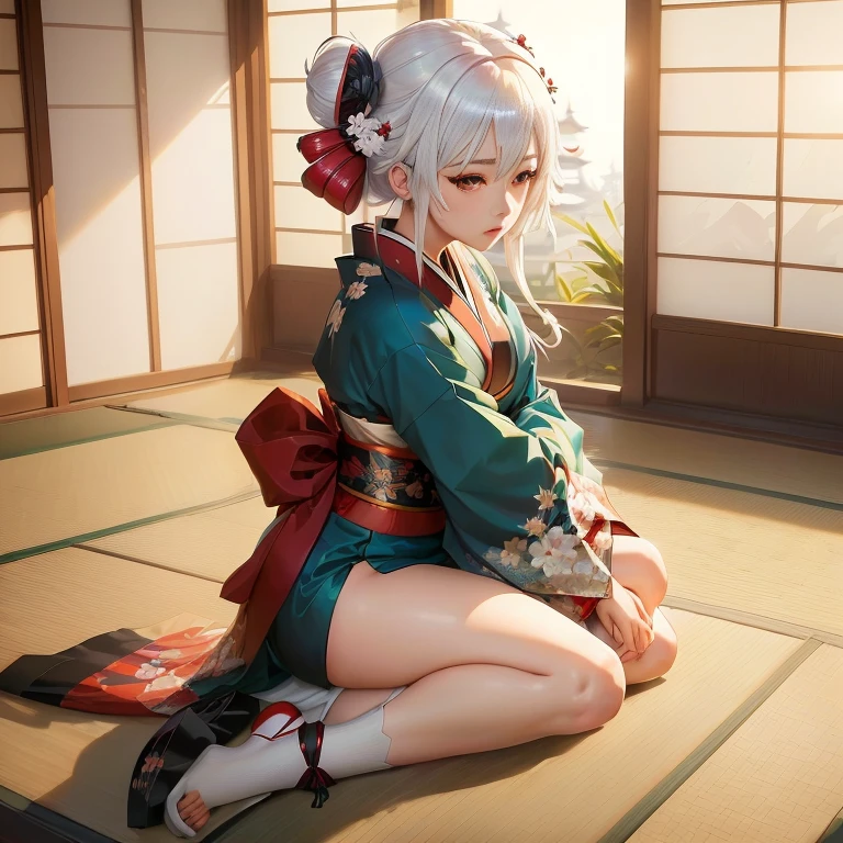 anime girl sitting on the floor in a kimono outfit, beautiful anime girl squatting, guweiz on pixiv artstation, guweiz on artstation pixiv, white haired deity, in a kimono, the anime girl is crouching, in kimono, relaxed dwarf with white hair, smooth anime cg art, artwork in the style of guweiz