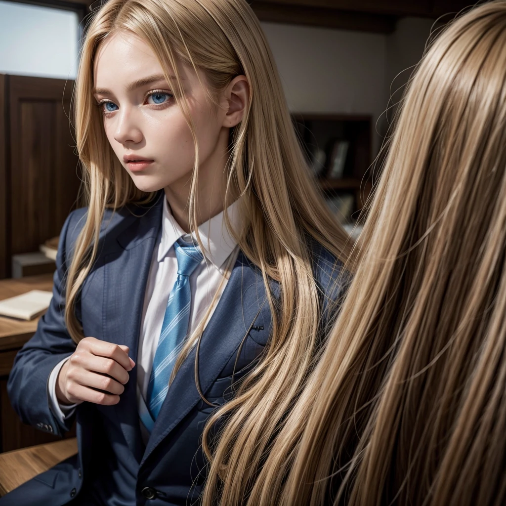 1 blonde woman, with blue eyes and long hair in the middle of 2 men with brown hair and suit